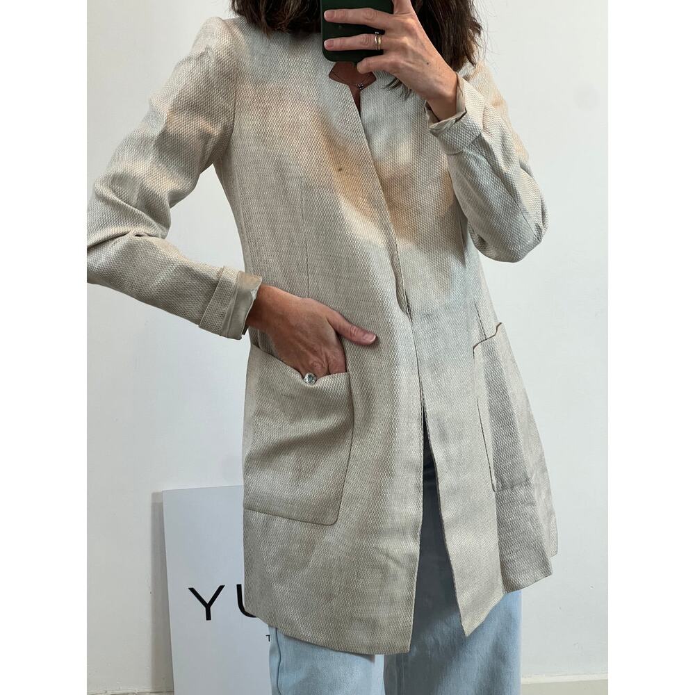 Zara Basic Collection 100% Linen Longline Blazer Medium Open Front Minimal Beige